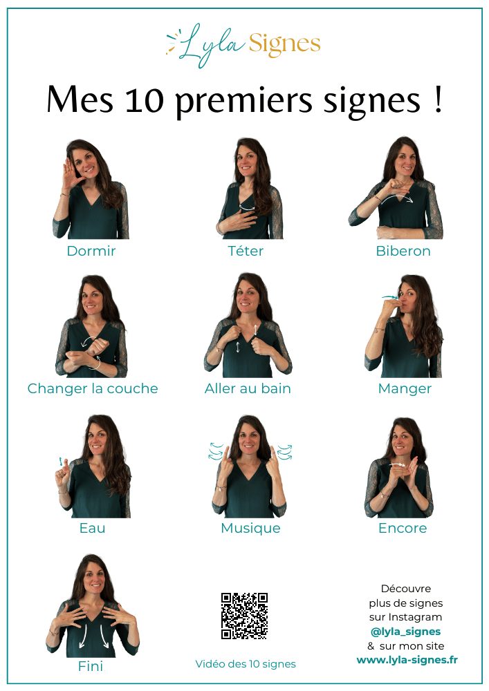 Affiche mes 10 premiers signes, pour apprendre à signer avec les bébé et apprendre la langue des signes